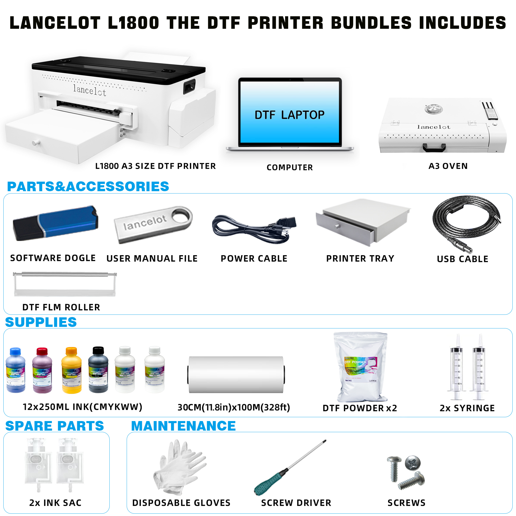 Lancelot A3 L1800 Desktop DTF Printer Laptop& Oven
