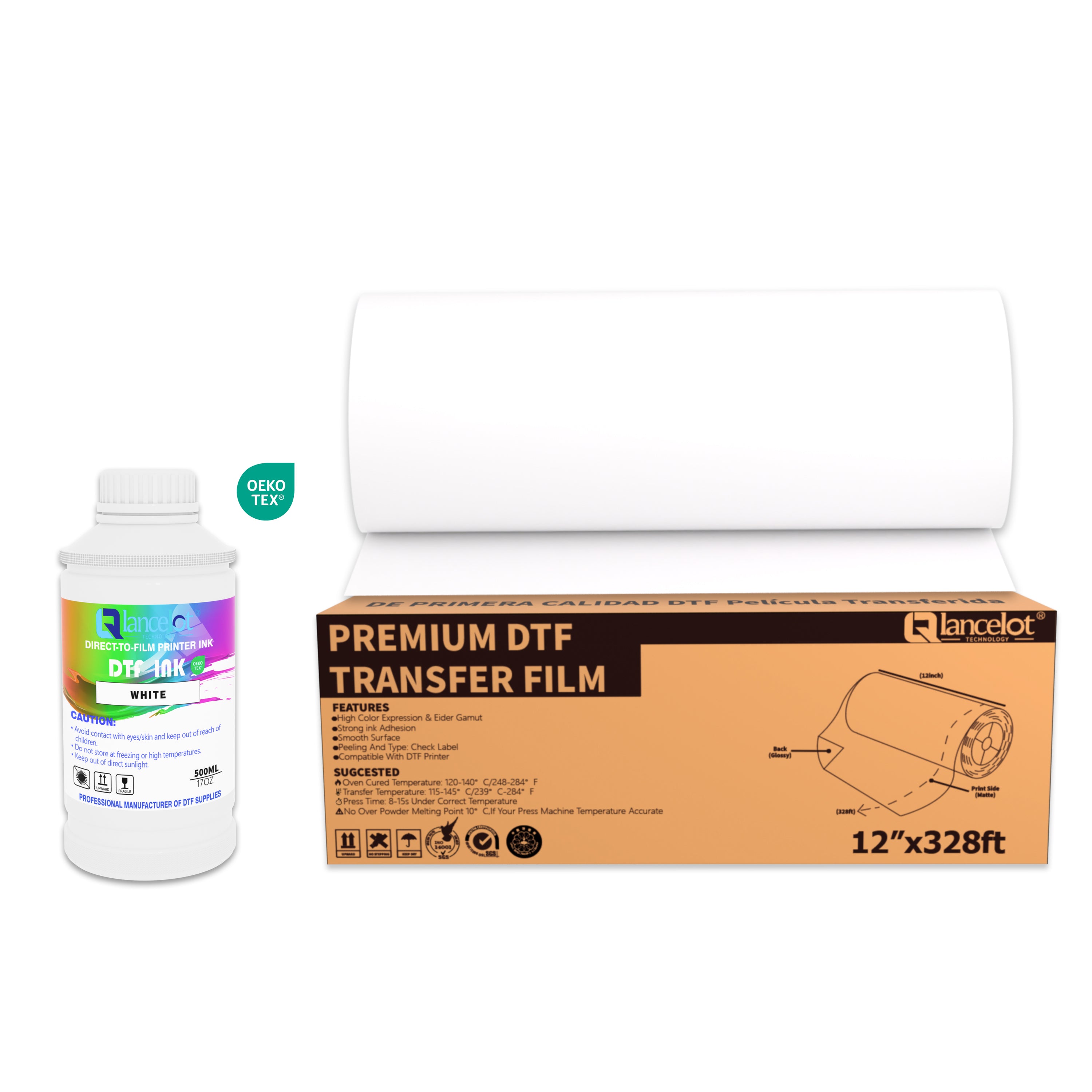 Lancelot DTF Roll Kit: 12-Inch PET Film Roll + 500ML White Ink for T-Shirt Heat Transfer - Lancelot US DTF Printer Official Store