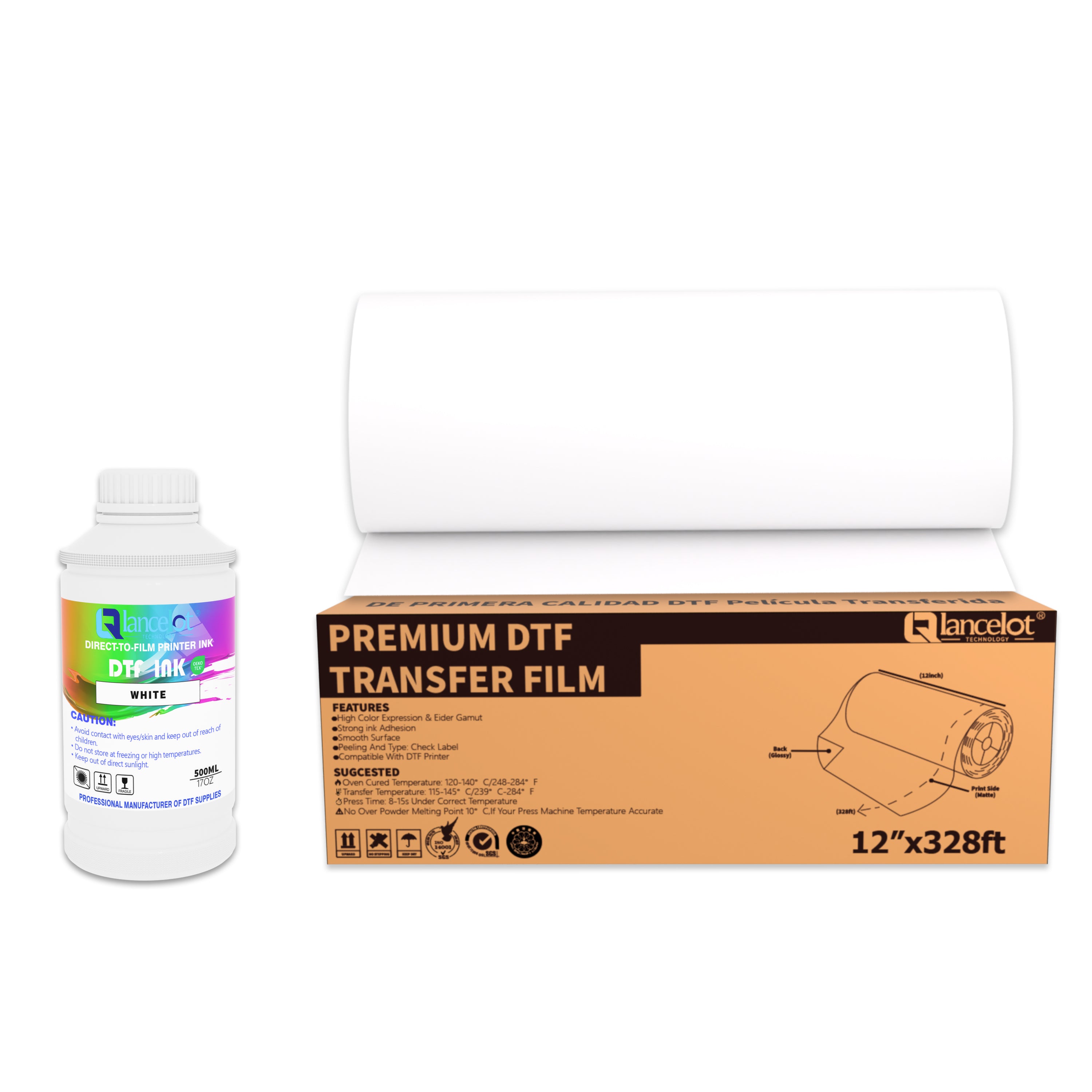 Lancelot DTF Roll Kit: 12-Inch PET Film Roll + 500ML White Ink for T-Shirt Heat Transfer