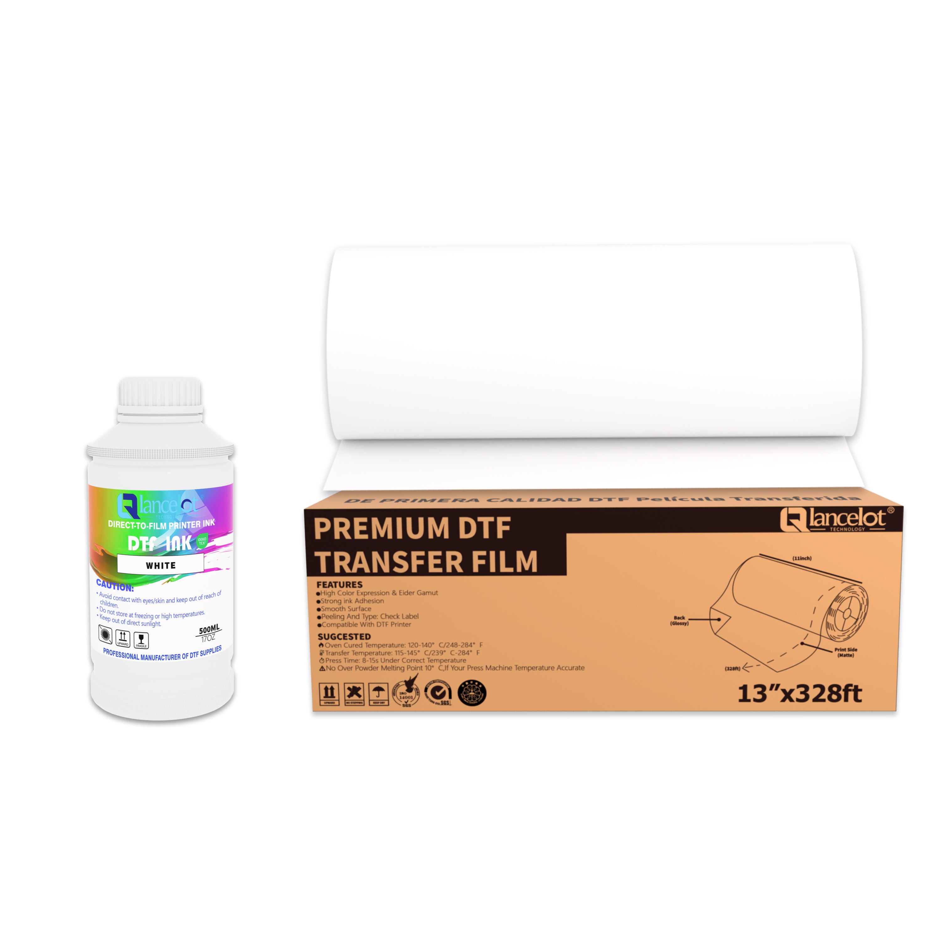 Lancelot DTF Roll Kit: 13-Inch PET Film Roll + 500ML White Ink for T-Shirt Heat Transfer - lancelotus